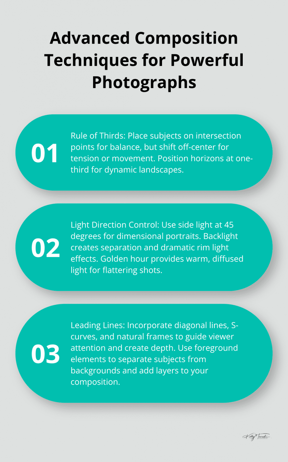 An ordered list chart showcasing three advanced composition techniques: strategic use of the rule of thirds, effective light direction control, and utilization of leading lines for visual flow. - Camera techniques