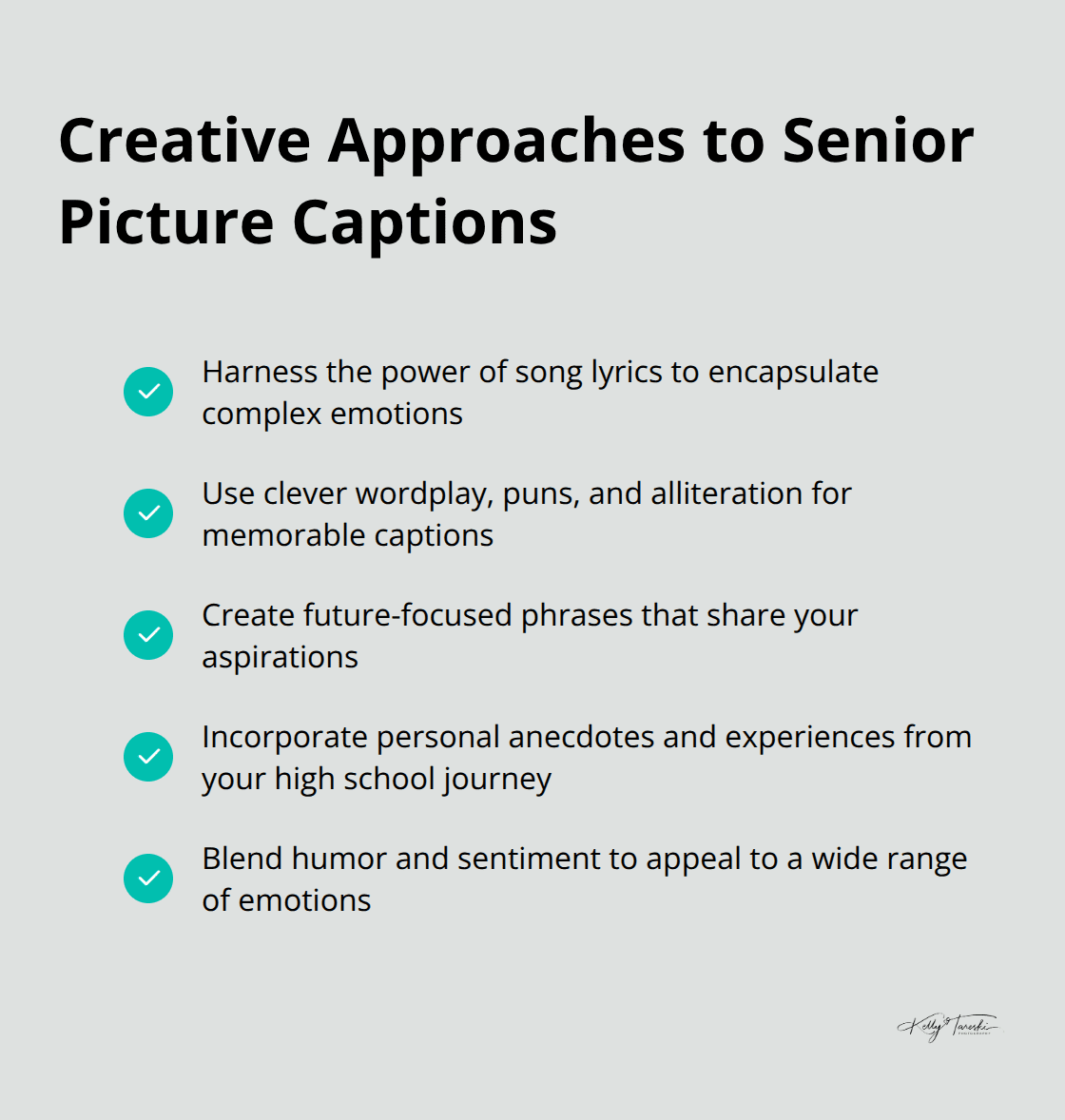 Checkmark list of five creative approaches for writing senior picture captions