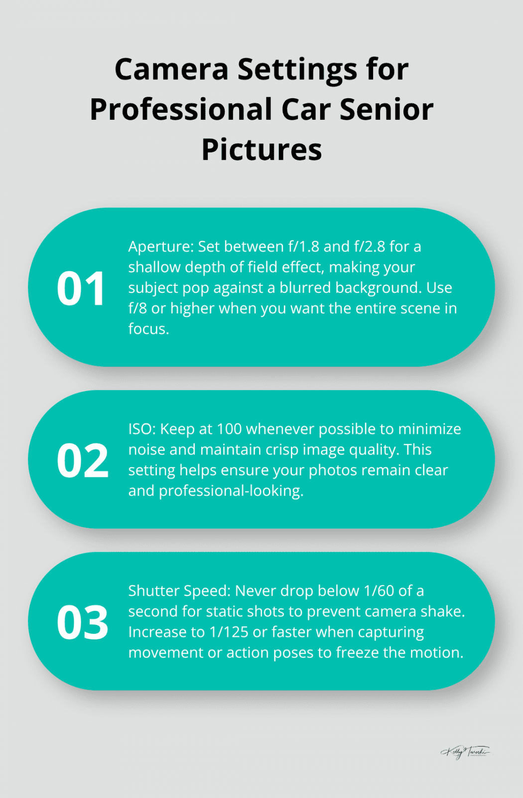 An ordered list chart showing three key camera settings for professional car senior pictures: Aperture, ISO, and Shutter Speed