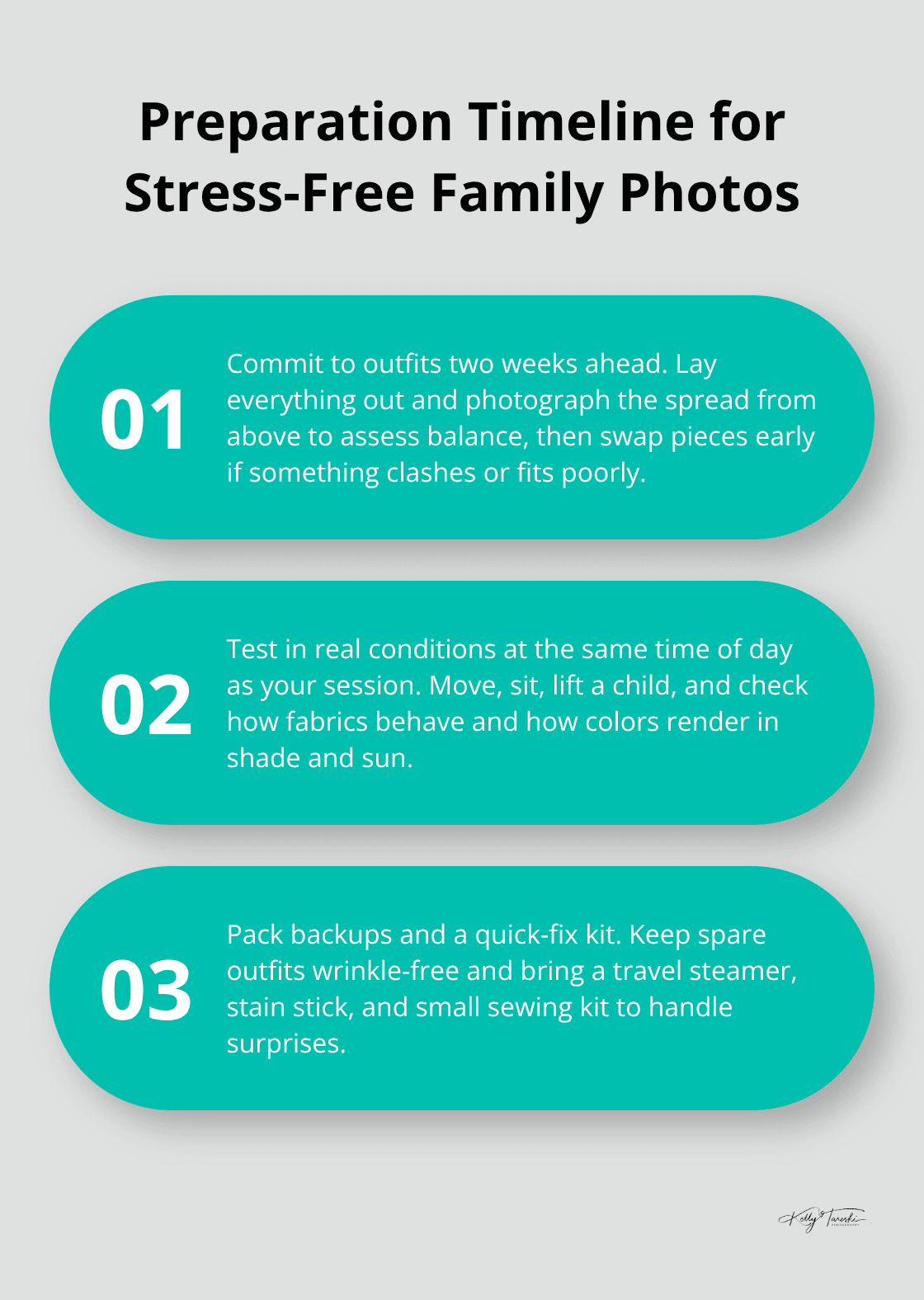 Three-step preparation plan covering early outfit decisions, real-world testing, and backup readiness. - clothes family photos