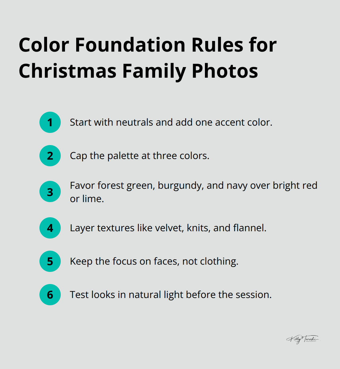 Compact list of color palette and texture rules for family photo outfits - clothing ideas for christmas family photos