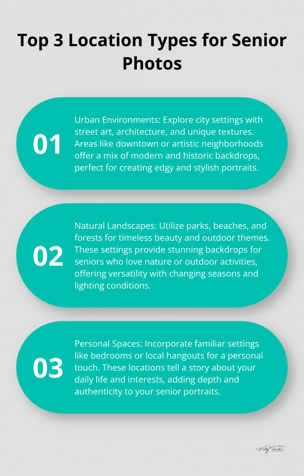 An ordered list chart showing the top three location types for senior photos: urban environments, natural landscapes, and personal spaces. - cool senior photos