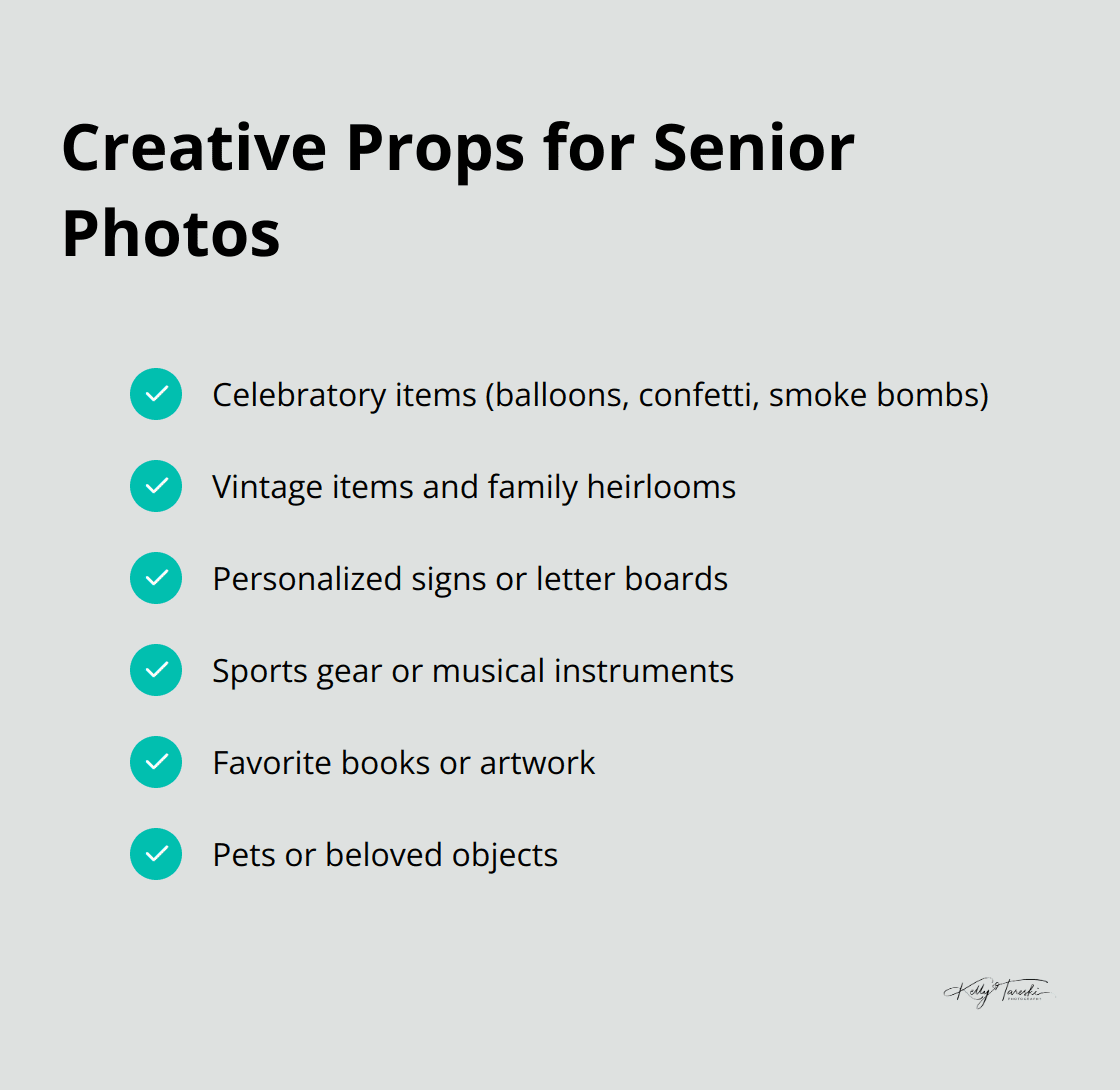 A checkmark list chart displaying creative prop ideas for senior photos, including celebratory items, vintage items, personalized signs, sports gear, favorite books, and pets.