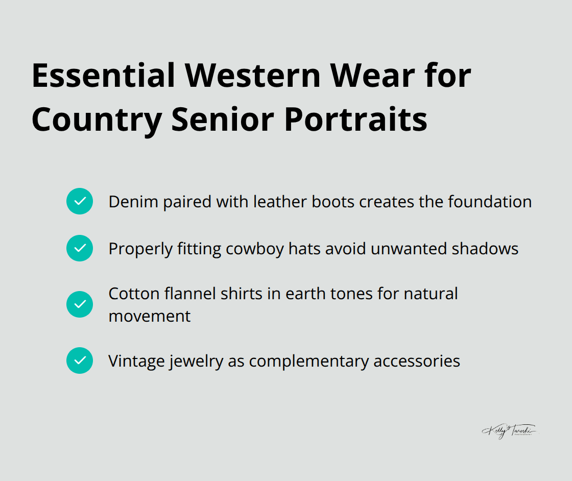 A checklist of essential Western wear items for authentic country senior portraits, including denim, leather boots, cowboy hats, cotton flannel shirts, and vintage jewelry. - country senior pictures