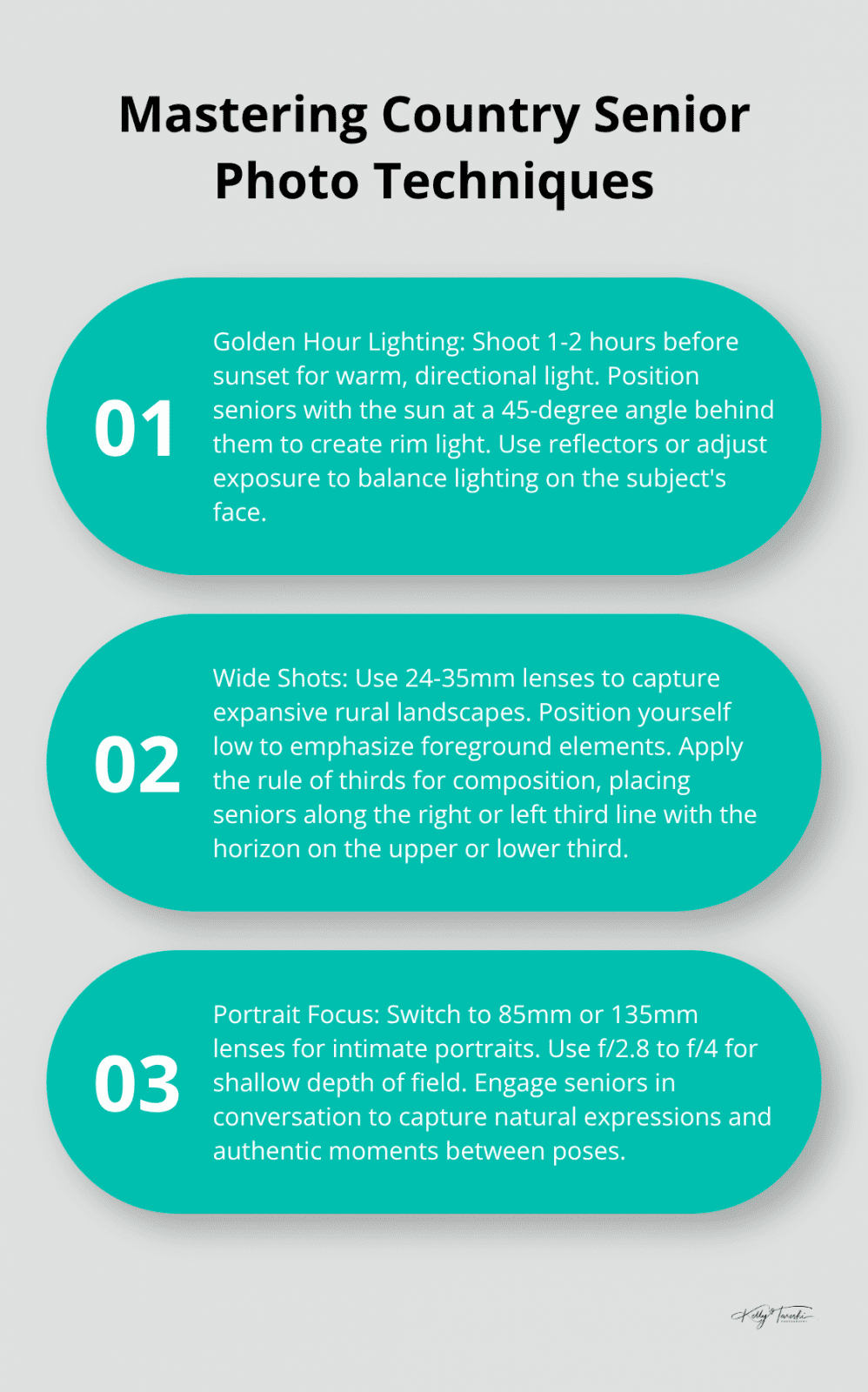 An ordered list chart showing three key techniques for mastering country senior photos: golden hour lighting, wide shots, and portrait focus. - country senior pictures
