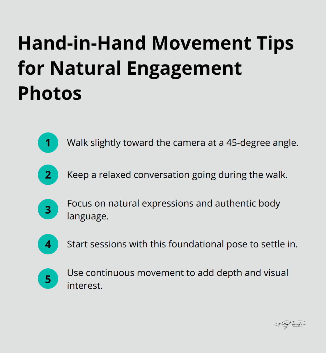Compact list of tips for walking hand-in-hand poses that feel natural and authentic.