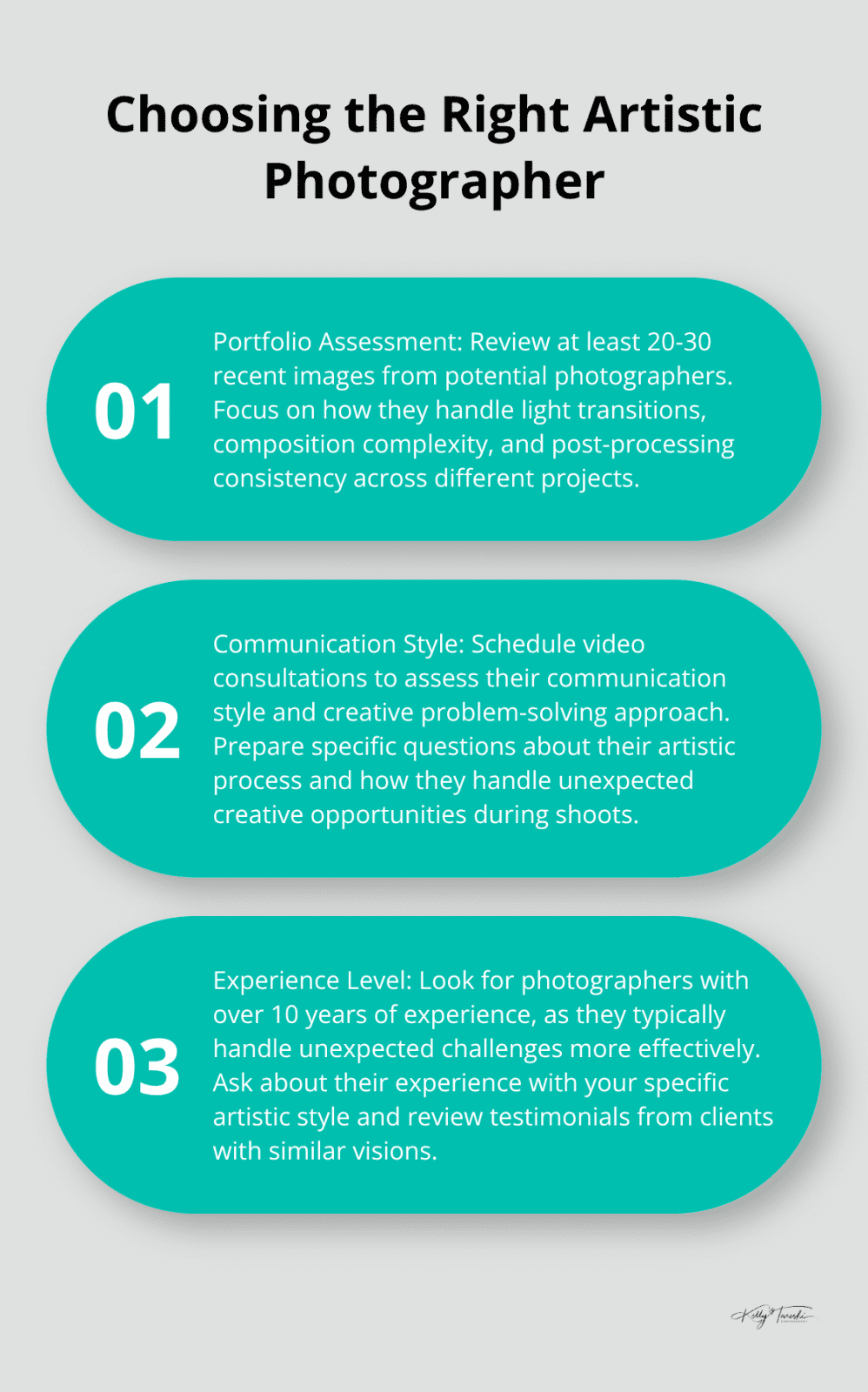 Ordered list chart showing three key factors in choosing the right artistic photographer