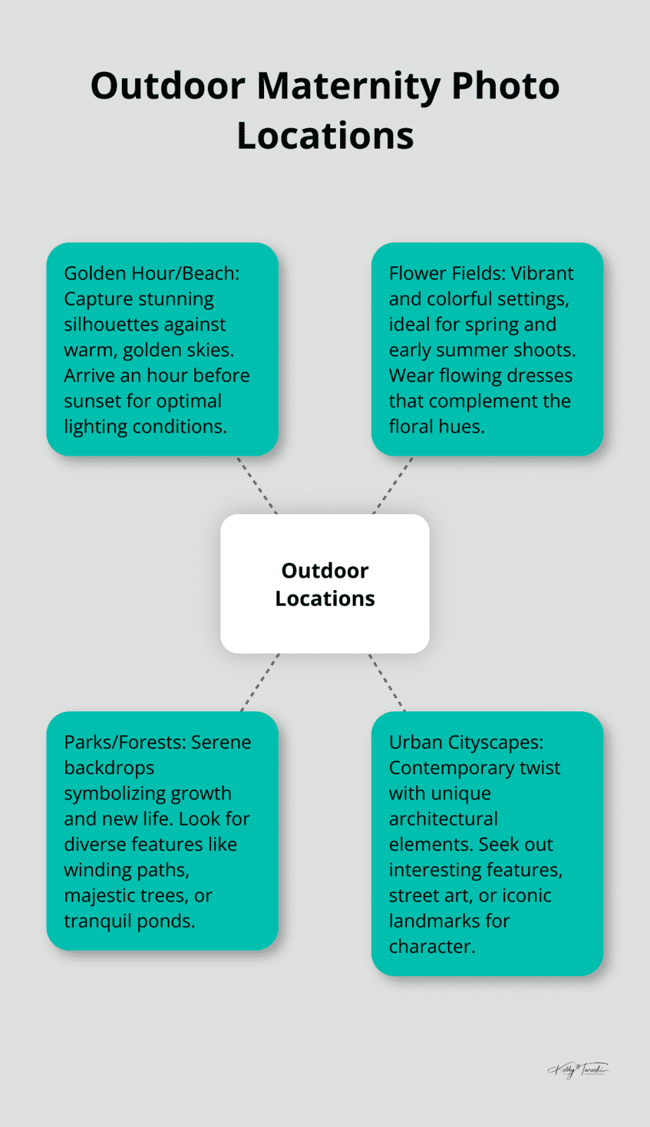 A hub-and-spoke chart showing four popular outdoor locations for maternity photography: Golden Hour/Beach, Flower Fields, Parks/Forests, and Urban Cityscapes. - creative maternity photography