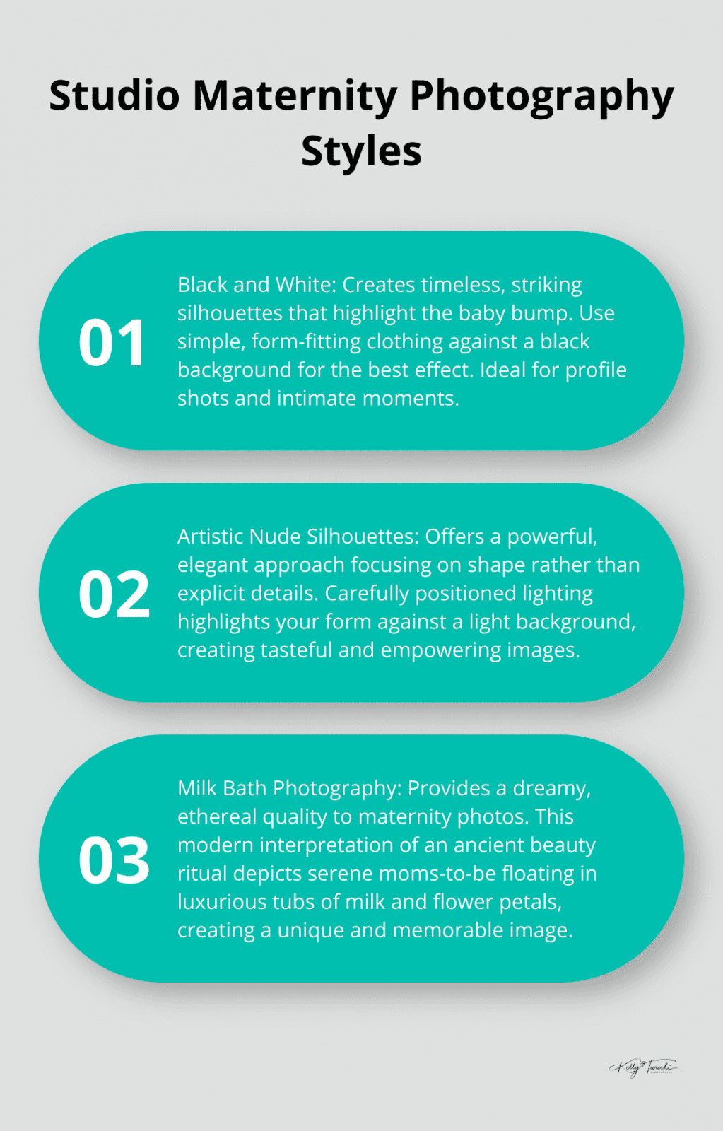 An ordered list chart showcasing four popular studio maternity photography styles: Black and White, Artistic Nude Silhouettes, Milk Bath Photography, and Themed Sets.