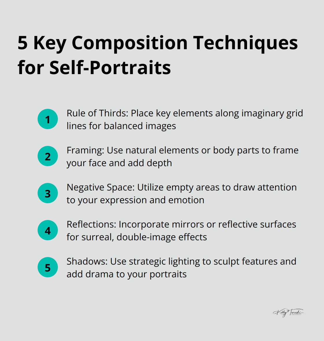 An ordered list of 5 key composition techniques for self-portraits: Rule of Thirds, Framing, Negative Space, Reflections, and Shadows - creative self-portrait photography