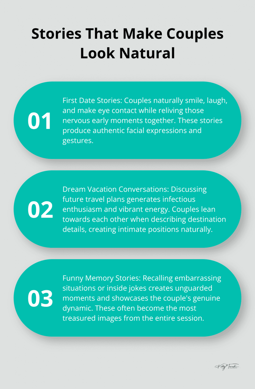 Ordered list chart showing three types of stories that make couples look natural in photos: first date stories, dream vacation conversations, and funny memory stories - Engagement activities