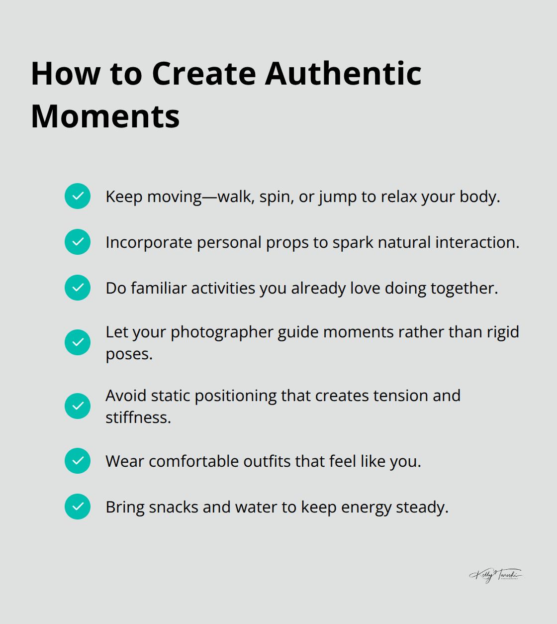 Checklist of simple actions to look natural and connected in engagement photos. - Engagement photos Spokane inspiration