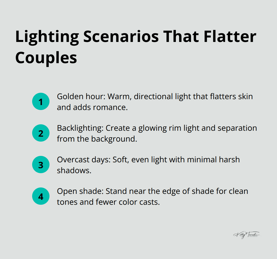 Compact list of lighting scenarios&mdash;golden hour, backlighting, overcast days, and open shade&mdash;for engagement portraits in Spokane. - Engagement session Spokane tips