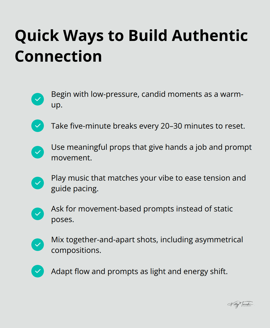Checkmark list of practical tips to spark natural connection during an engagement session.