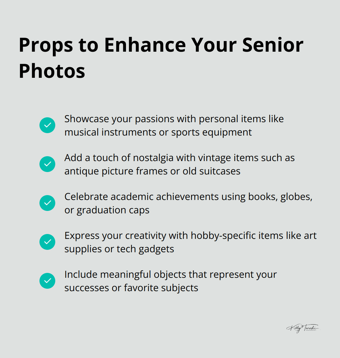 A checklist of prop categories that can enhance senior photos, including items to showcase passions, add nostalgia, celebrate academic achievements, and express creativity. - examples of senior photos
