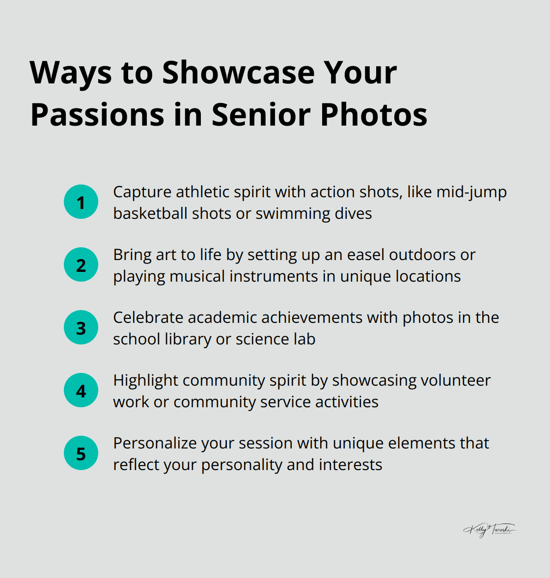 An ordered list of creative ways to showcase passions in senior photos, including athletic action shots, artistic performances, academic achievements, and community service.