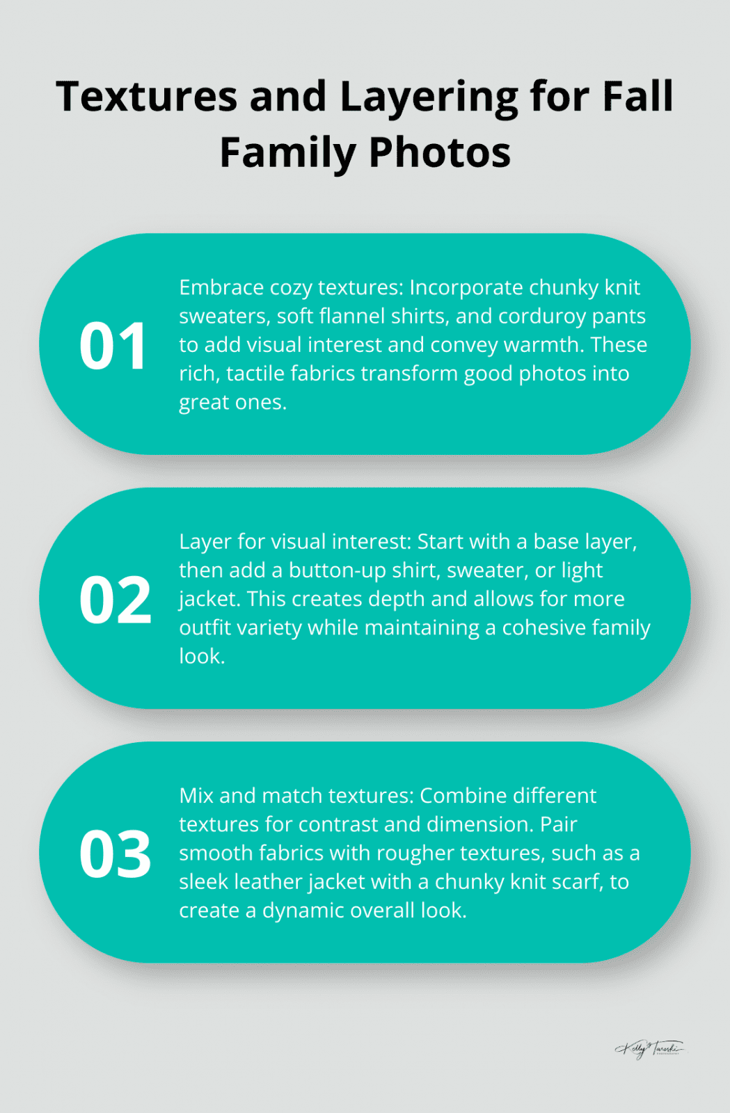 An ordered list chart highlighting three key points about textures and layering for fall family photos. - fall family pics what to wear