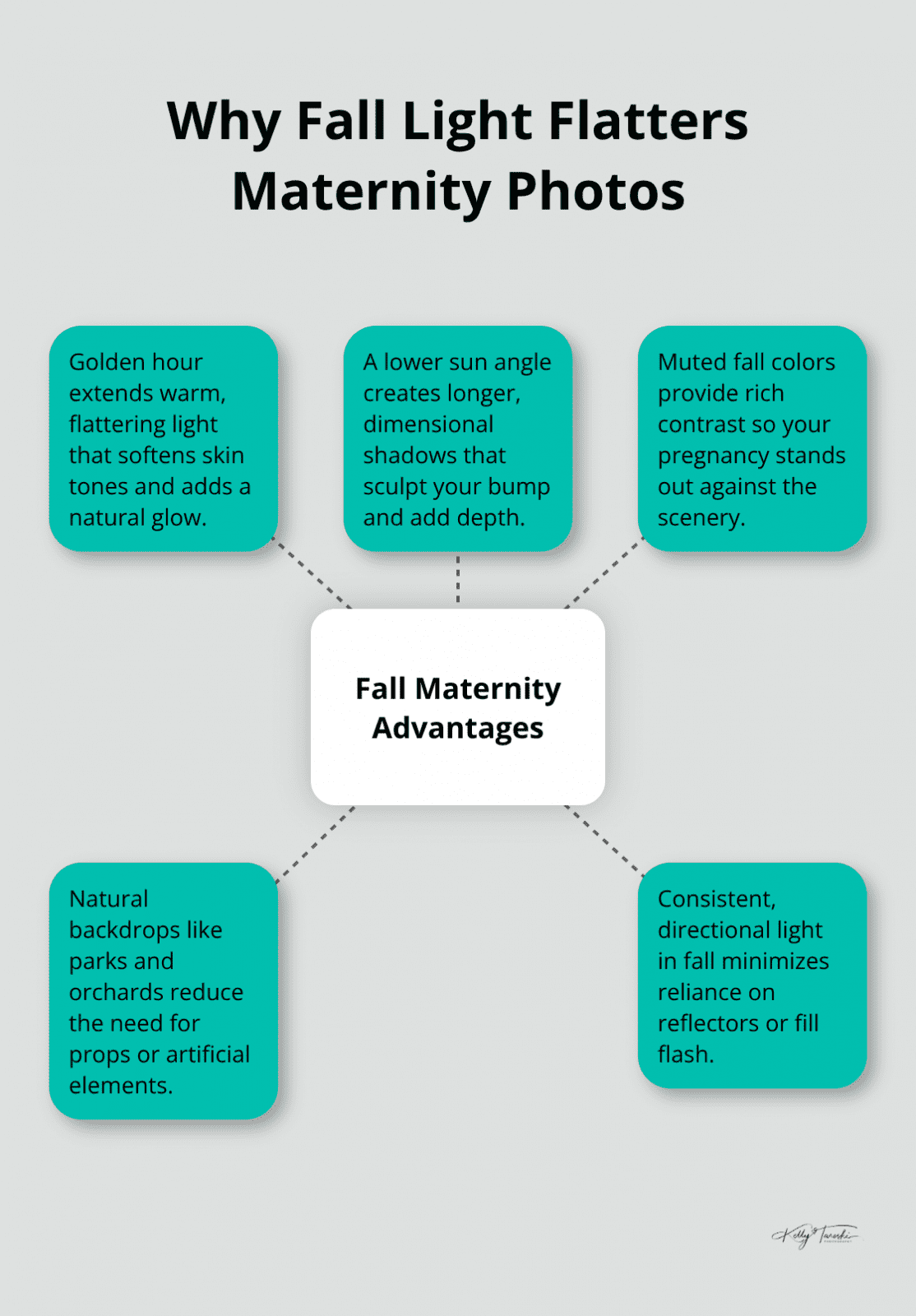 Hub-and-spoke showing key advantages of fall maternity photography