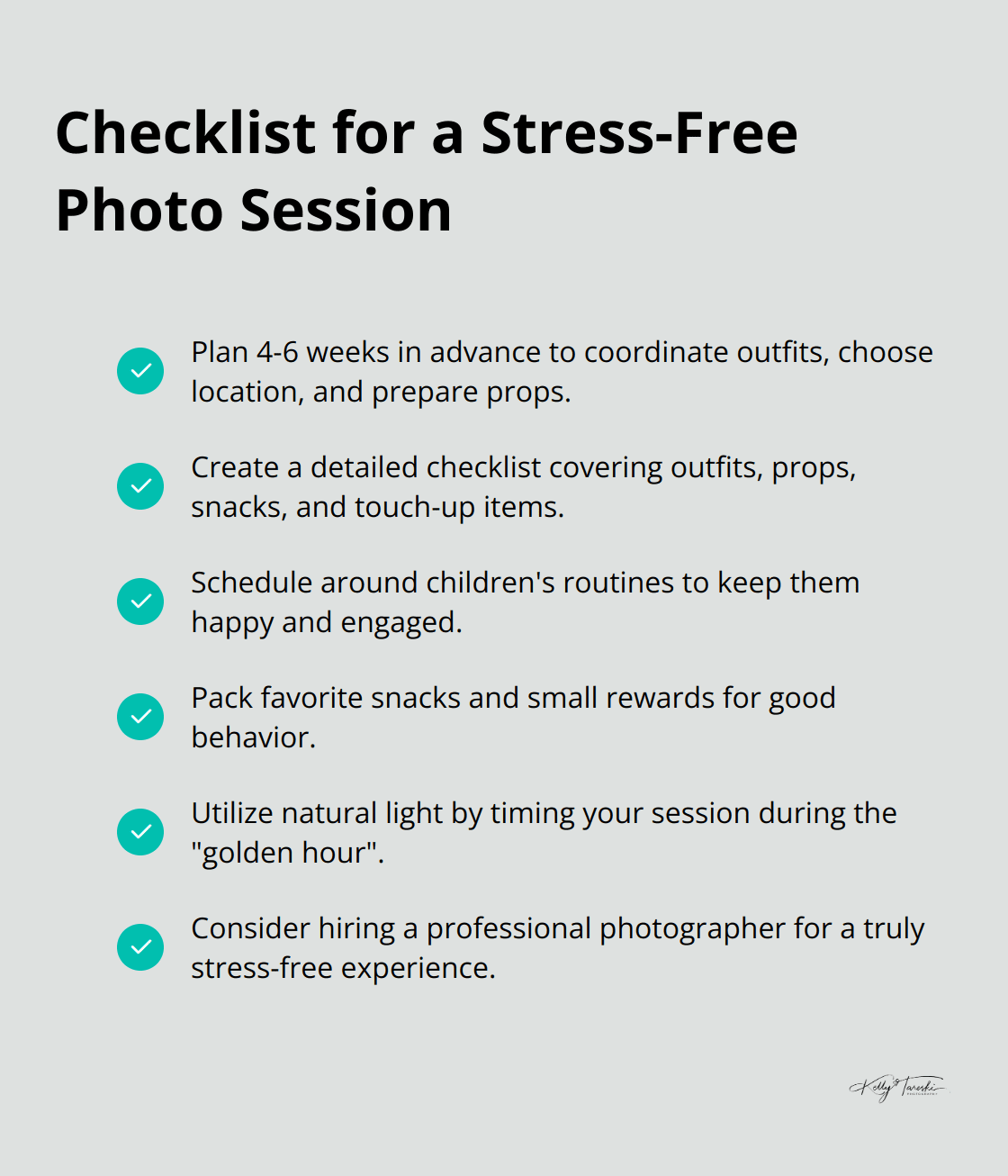Checkmark list chart outlining key items to prepare for a stress-free family Christmas card photo session. - family christmas card pics