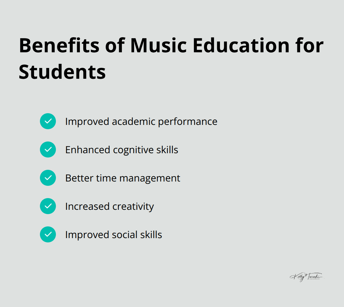 A checkmark list showing five benefits of music education for students: improved academic performance, enhanced cognitive skills, better time management, increased creativity, and improved social skills. - family photo ideas