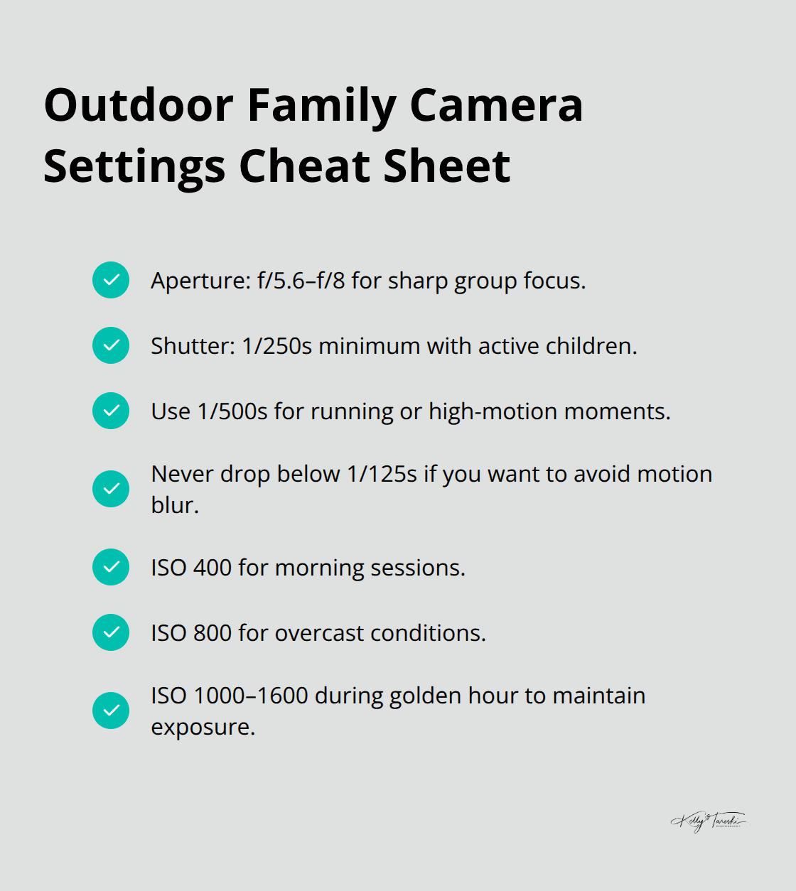 Checklist of recommended aperture, shutter speed, and ISO settings for outdoor family photos - family photos outside