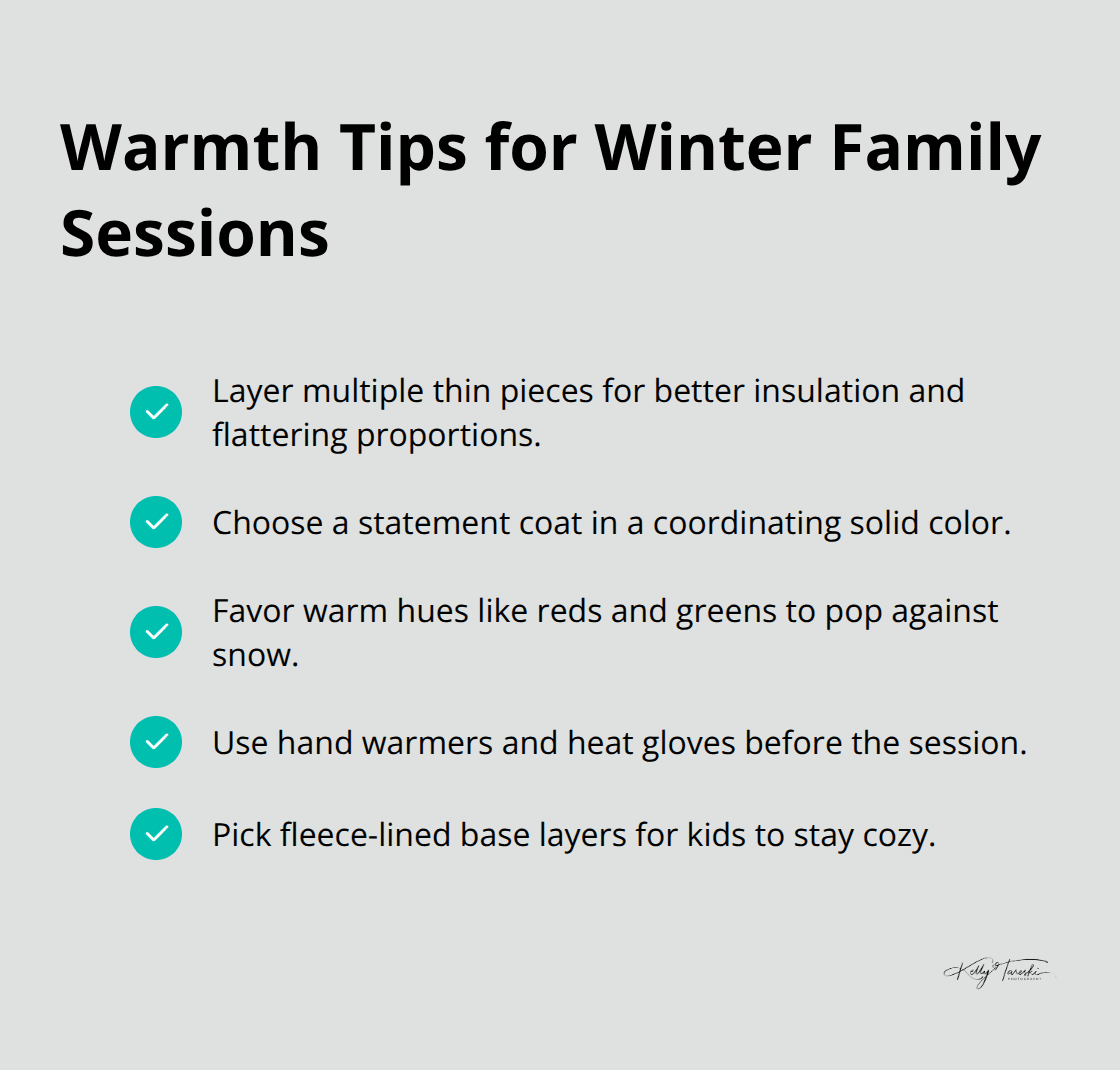 Checklist of clothing and prep tips to keep families warm and photogenic in winter photos