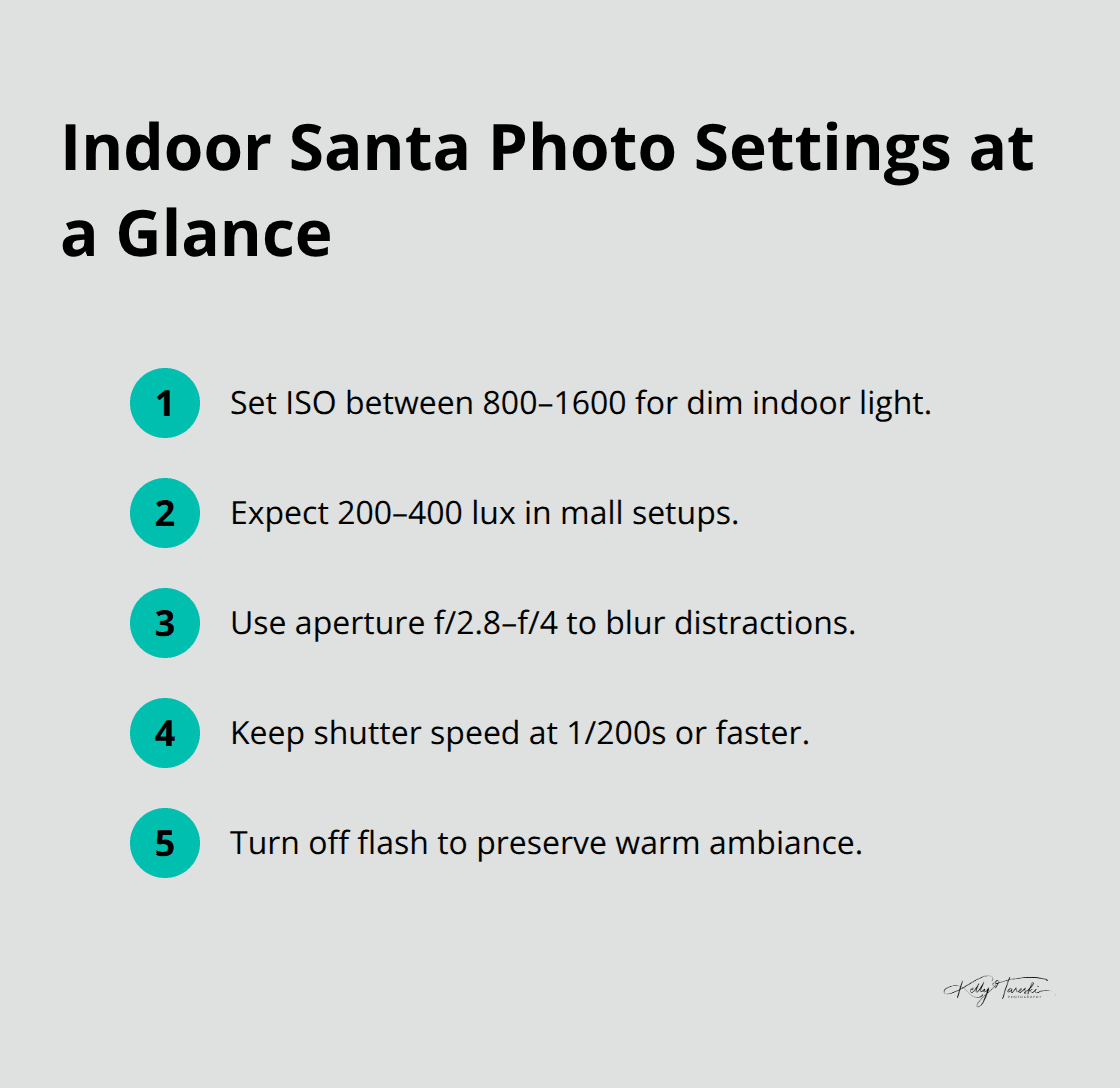 Quick reference list for ISO, lux, aperture, shutter speed, and flash for indoor Santa photos