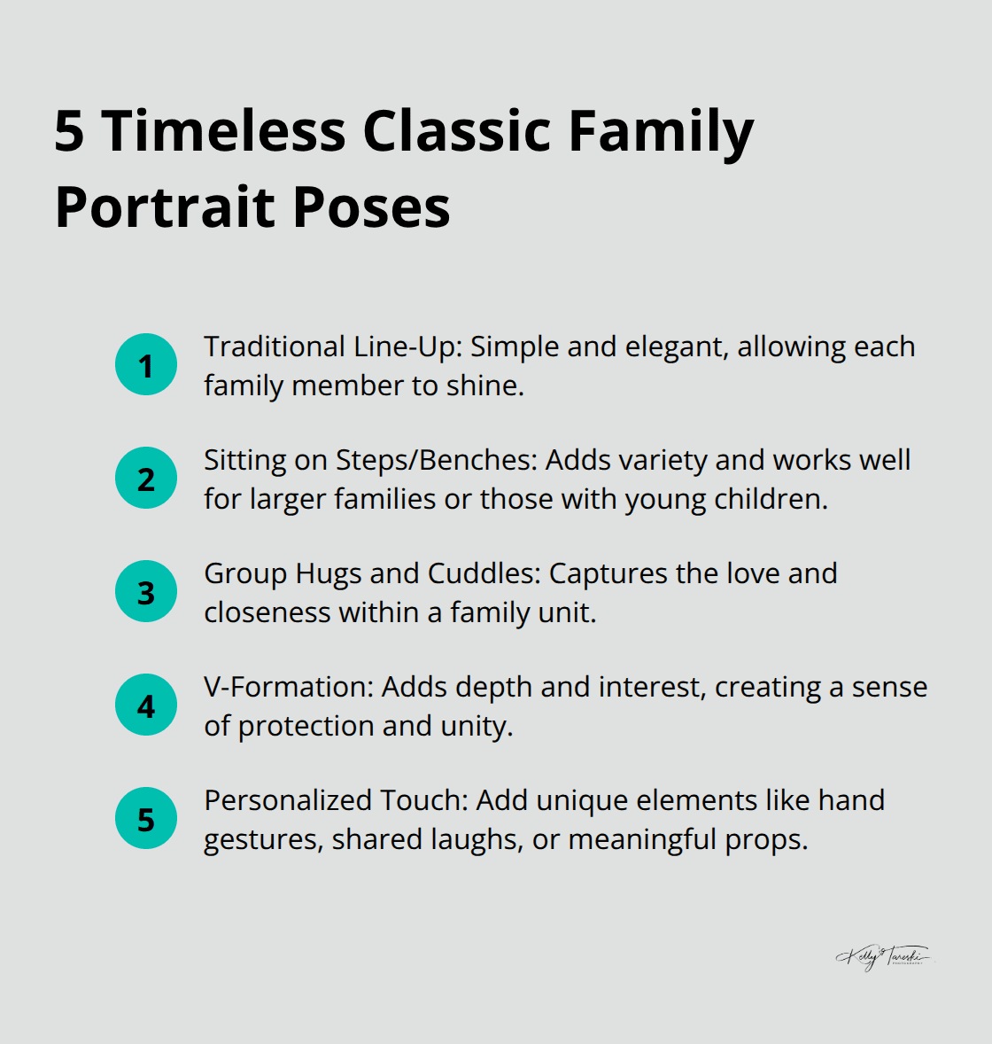 Infographic showing 5 classic family portrait poses: Traditional Line-Up, Sitting on Steps/Benches, Group Hugs/Cuddles, V-Formation, and Personalized Touch