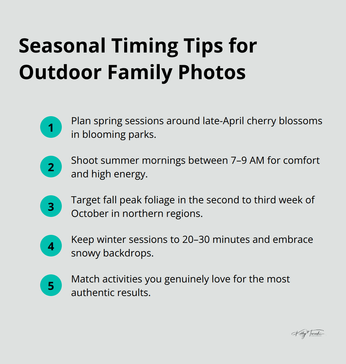 Compact list of seasonal timing guidelines for outdoor family sessions.