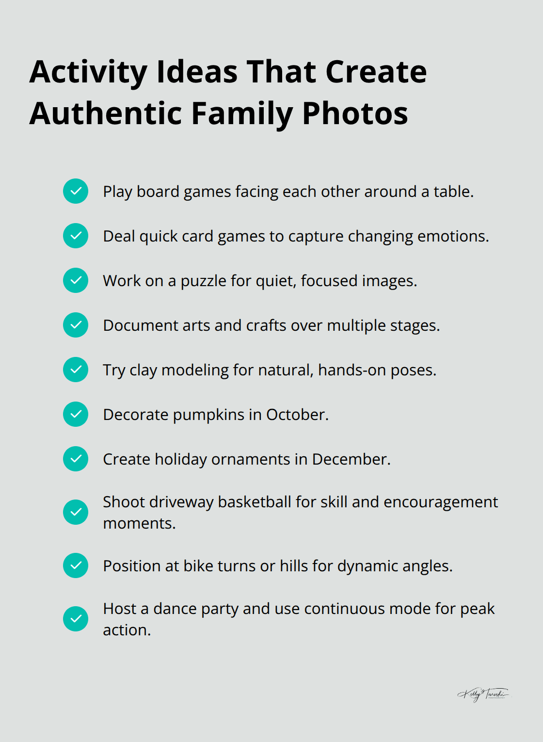 Checkmark list of activity-based session ideas for natural family photos. - fun family photos