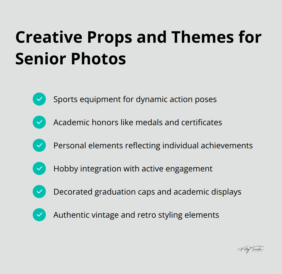 Checkmark list of creative props and themes for senior photos including sports equipment, academic honors, personal elements, hobby integration, graduation cap displays, and vintage styling