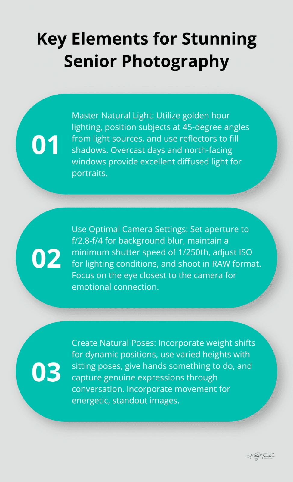 Ordered list chart showing three key elements for stunning senior photography: mastering natural light, using the right camera settings, and creating natural poses - fun senior pictures