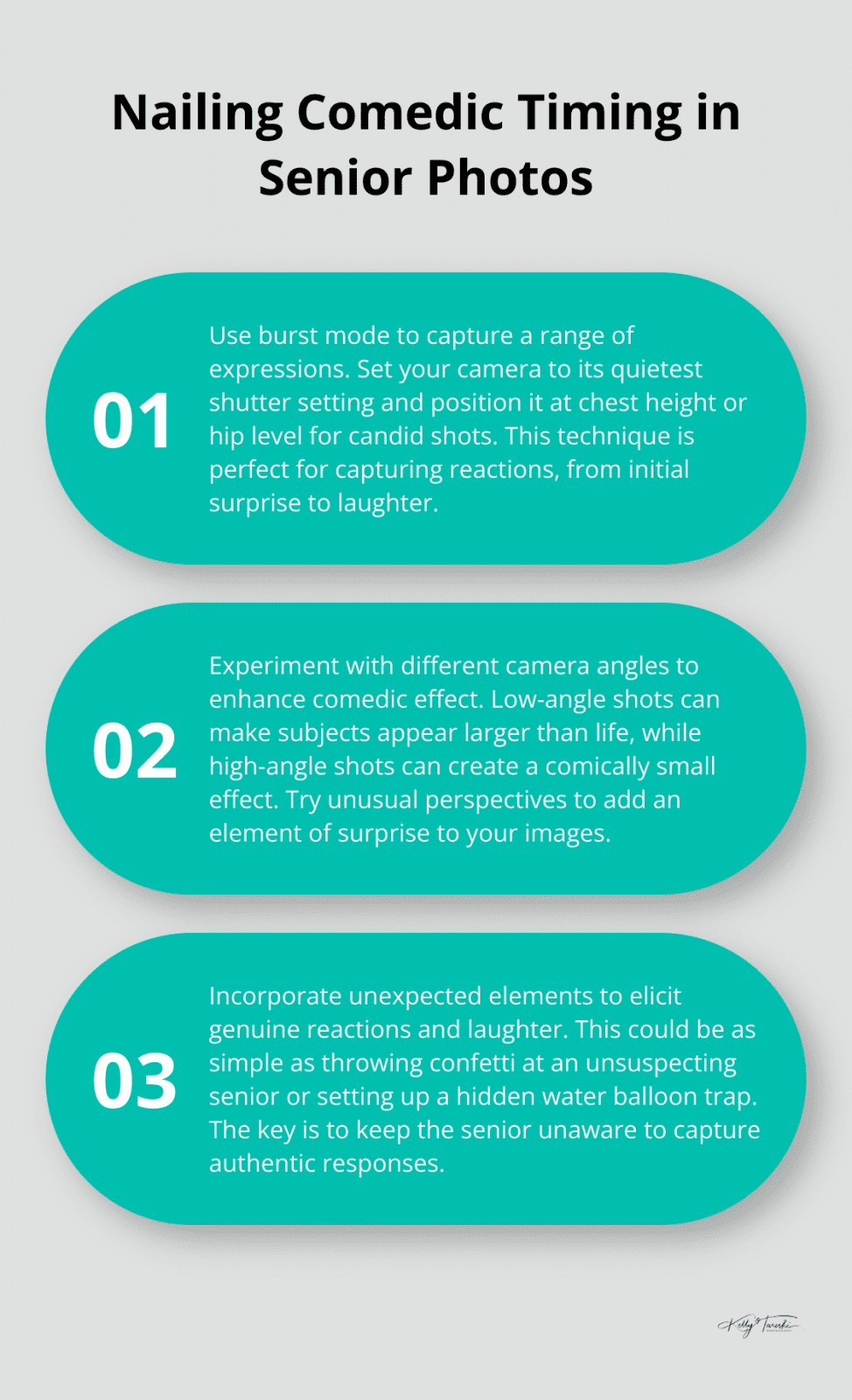 An ordered list chart showcasing three key techniques for capturing comedic timing in senior photos: using burst mode, playing with angles, and incorporating the element of surprise. - funny senior photos