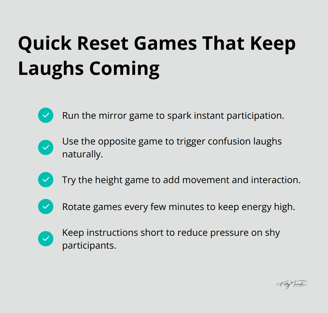 Checkmark list of fast, effective activities to reset energy and spark laughter during family photo sessions - funny xmas family photos