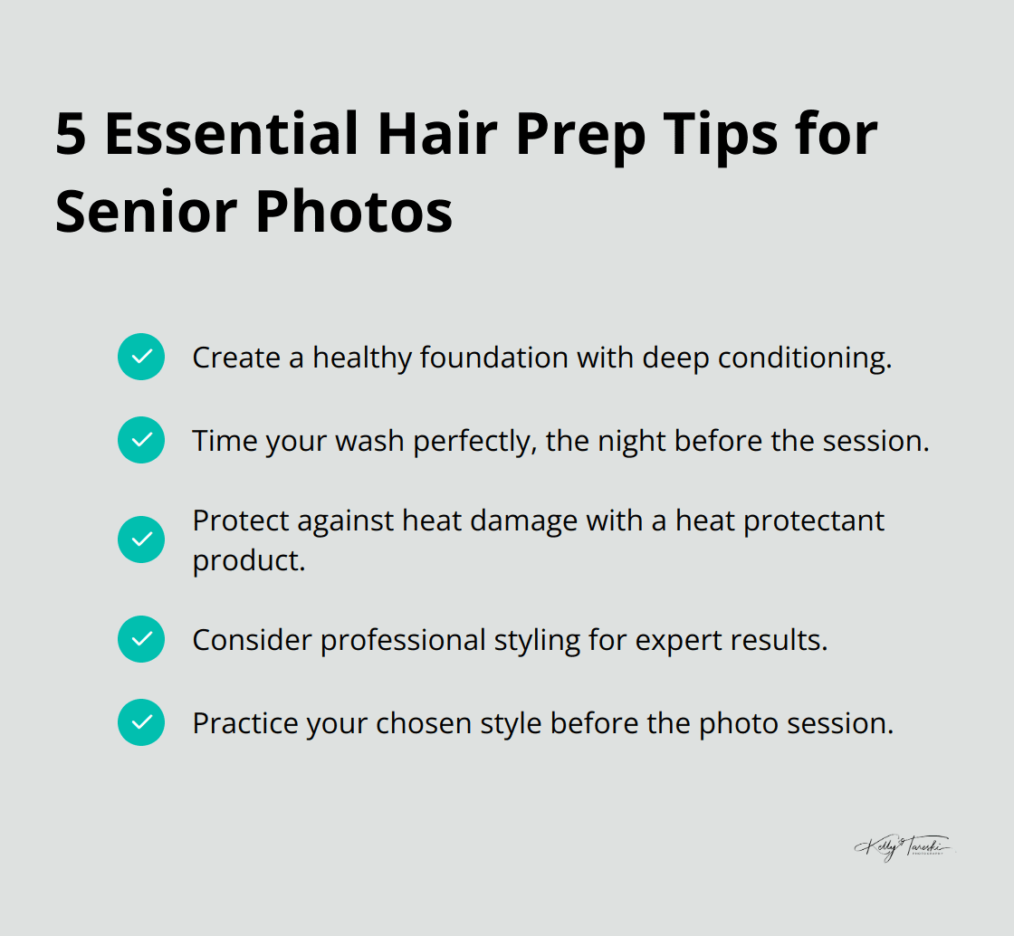 A checkmark list displaying 5 essential tips for preparing hair for senior photos: create a healthy foundation, time your wash perfectly, protect against heat damage, consider professional styling, and practice your chosen style.