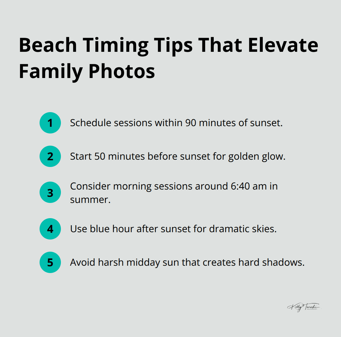 Key timing tips for beach family photography in the U.S., including golden hour, morning sessions, and blue hour. - ideas for family beach photos