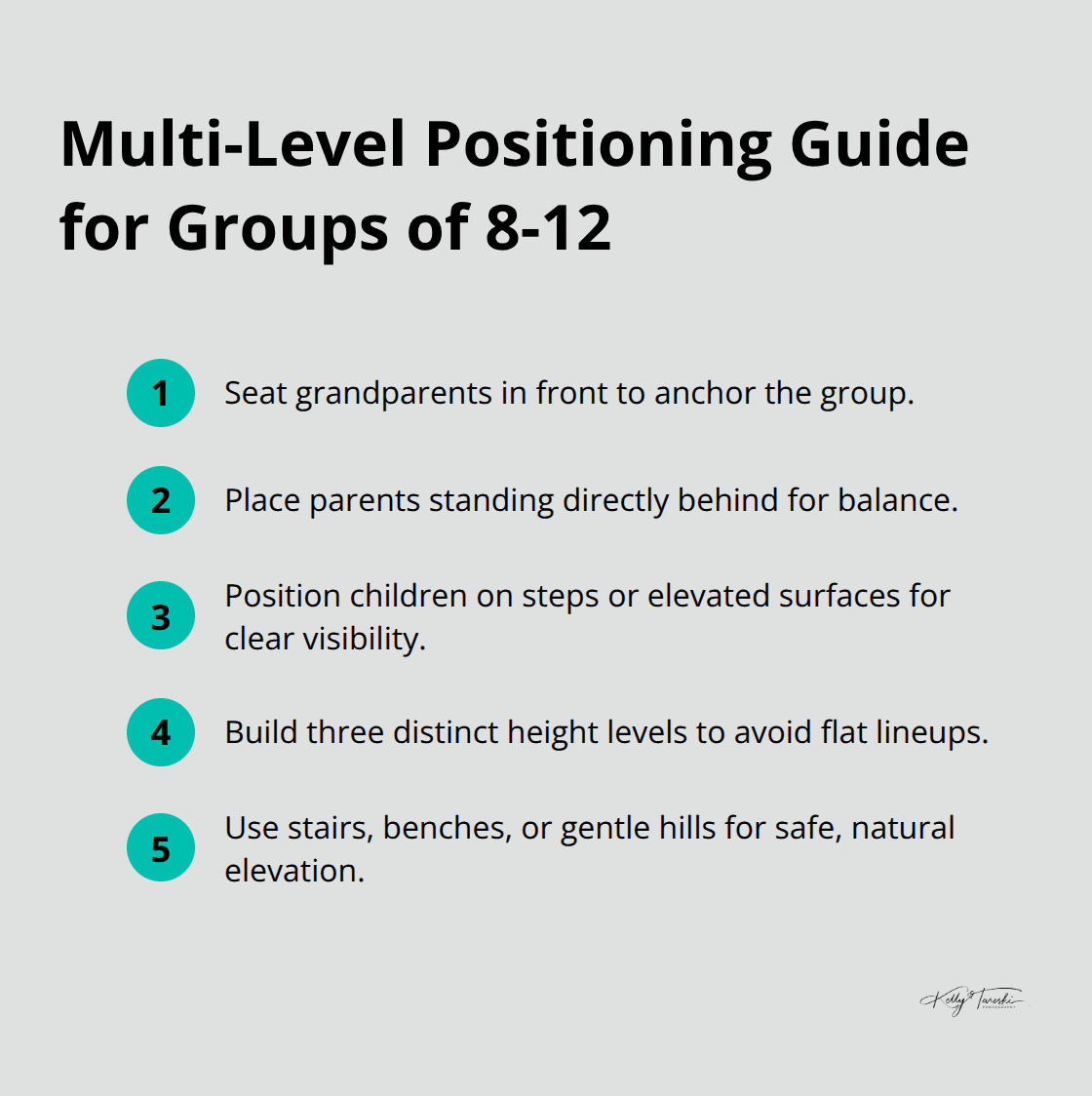 Steps to arrange large family members on multiple levels for balanced group photos. - ideas for large family photos