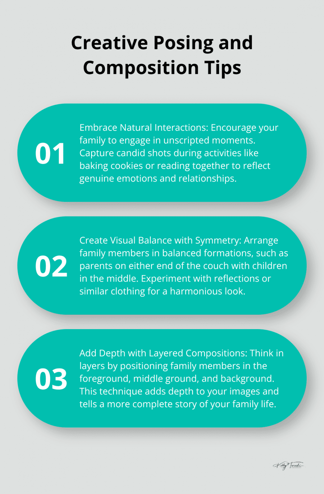 An ordered list chart presenting three tips for creative posing and composition in indoor family photos: embrace natural interactions, create visual balance with symmetry, and add depth with layered compositions. - indoor family photo ideas
