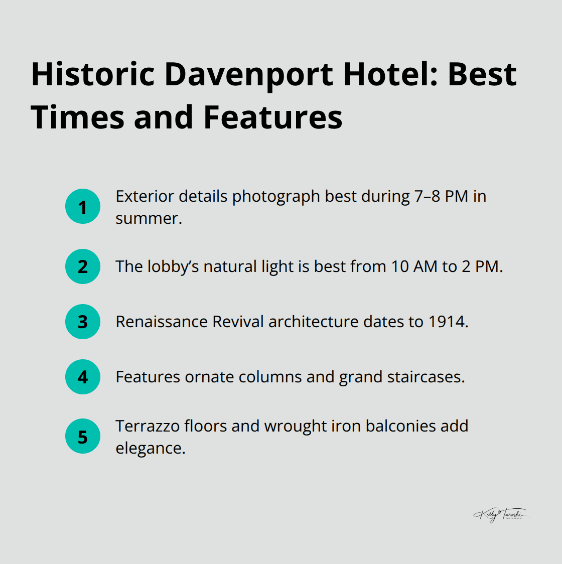 Key shooting times and architectural highlights of the Historic Davenport Hotel in downtown Spokane. - Senior locations