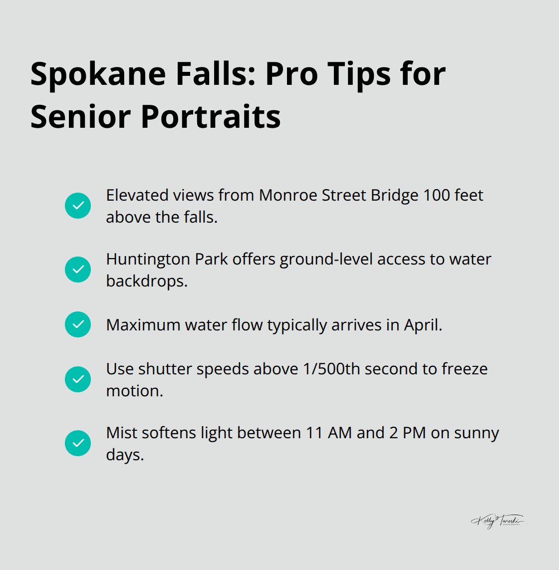 Checklist of vantage points, timing, and camera settings for photographing seniors at Spokane Falls.