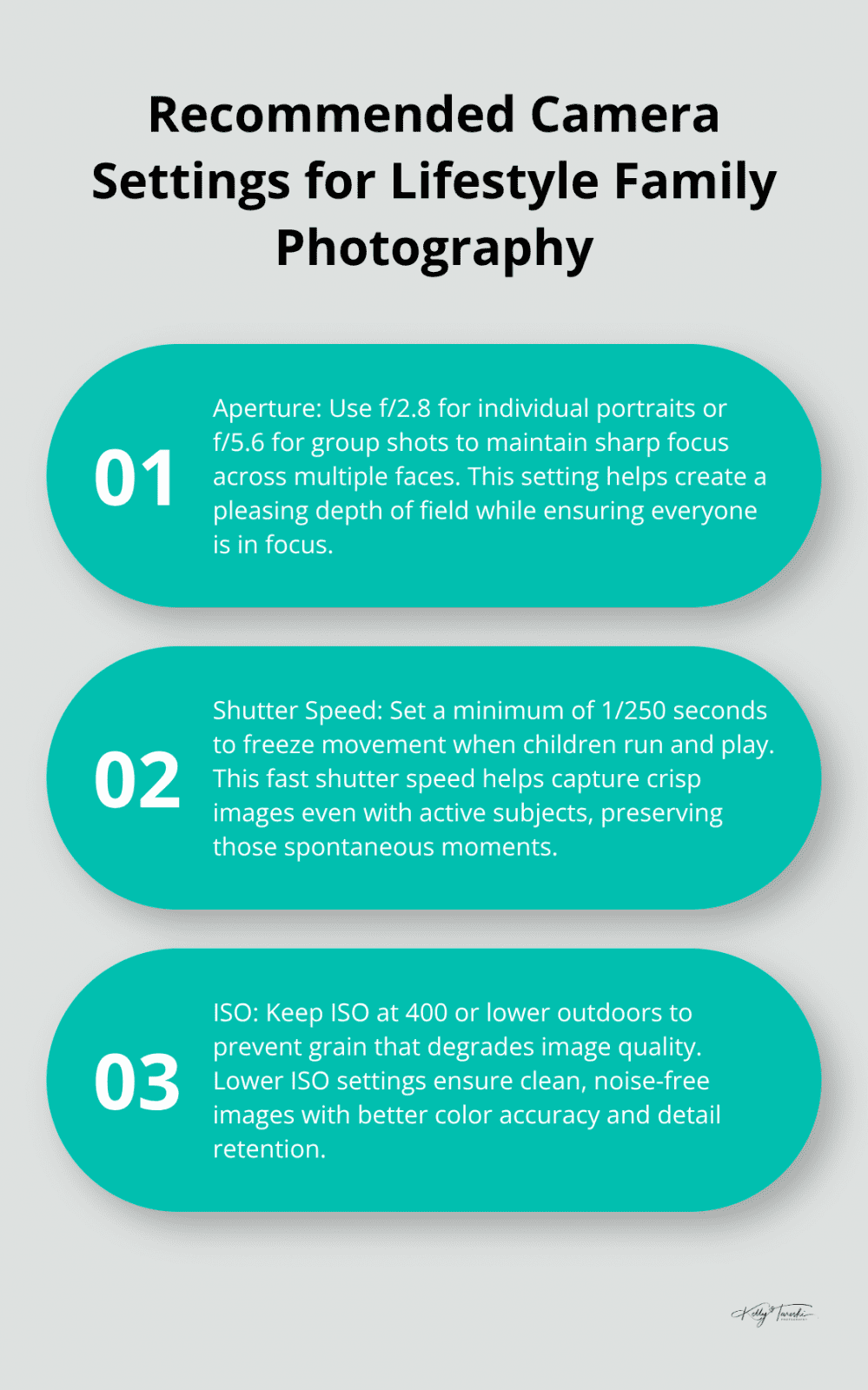 An ordered list chart showing three key camera settings for lifestyle family photography: aperture, shutter speed, and ISO.