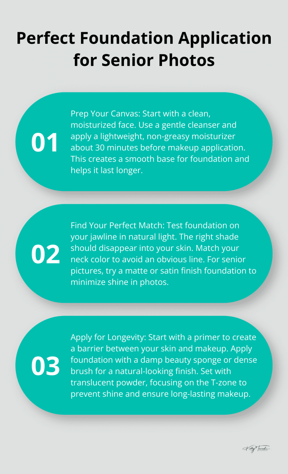 A chart showing three key steps for perfect foundation application: prepping the skin, finding the right match, and applying for longevity. - makeup for senior pictures