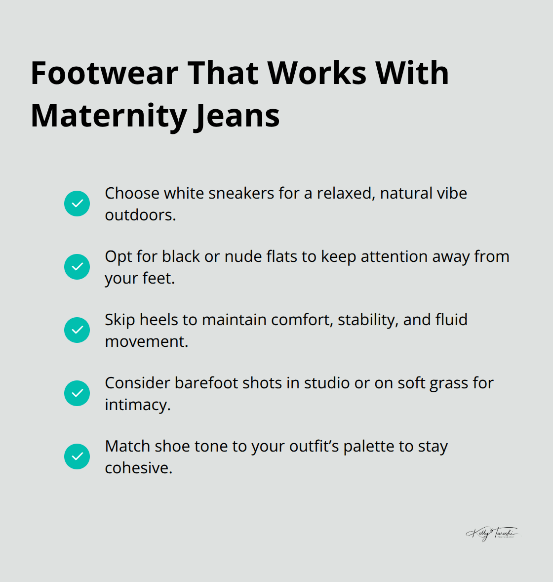 Checkmarked list of shoe choices that photograph well for maternity sessions