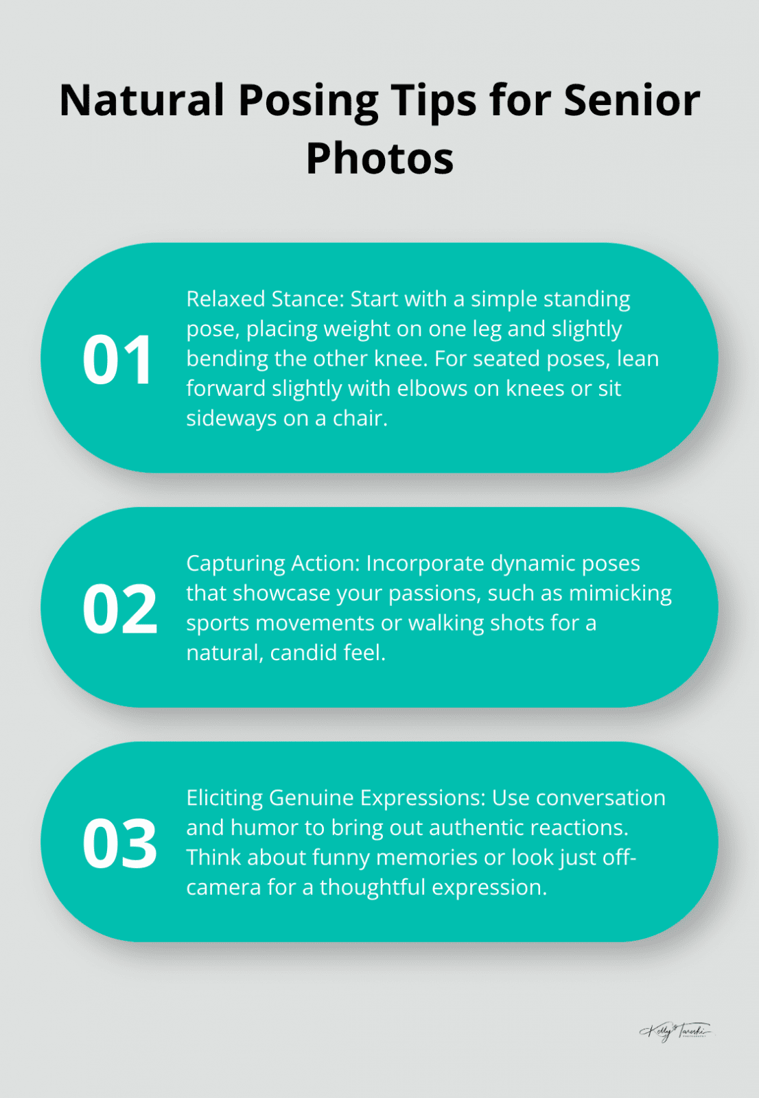 Ordered list chart showing three natural posing tips for senior photos: relaxed stance, capturing action, and eliciting genuine expressions. - men senior pictures