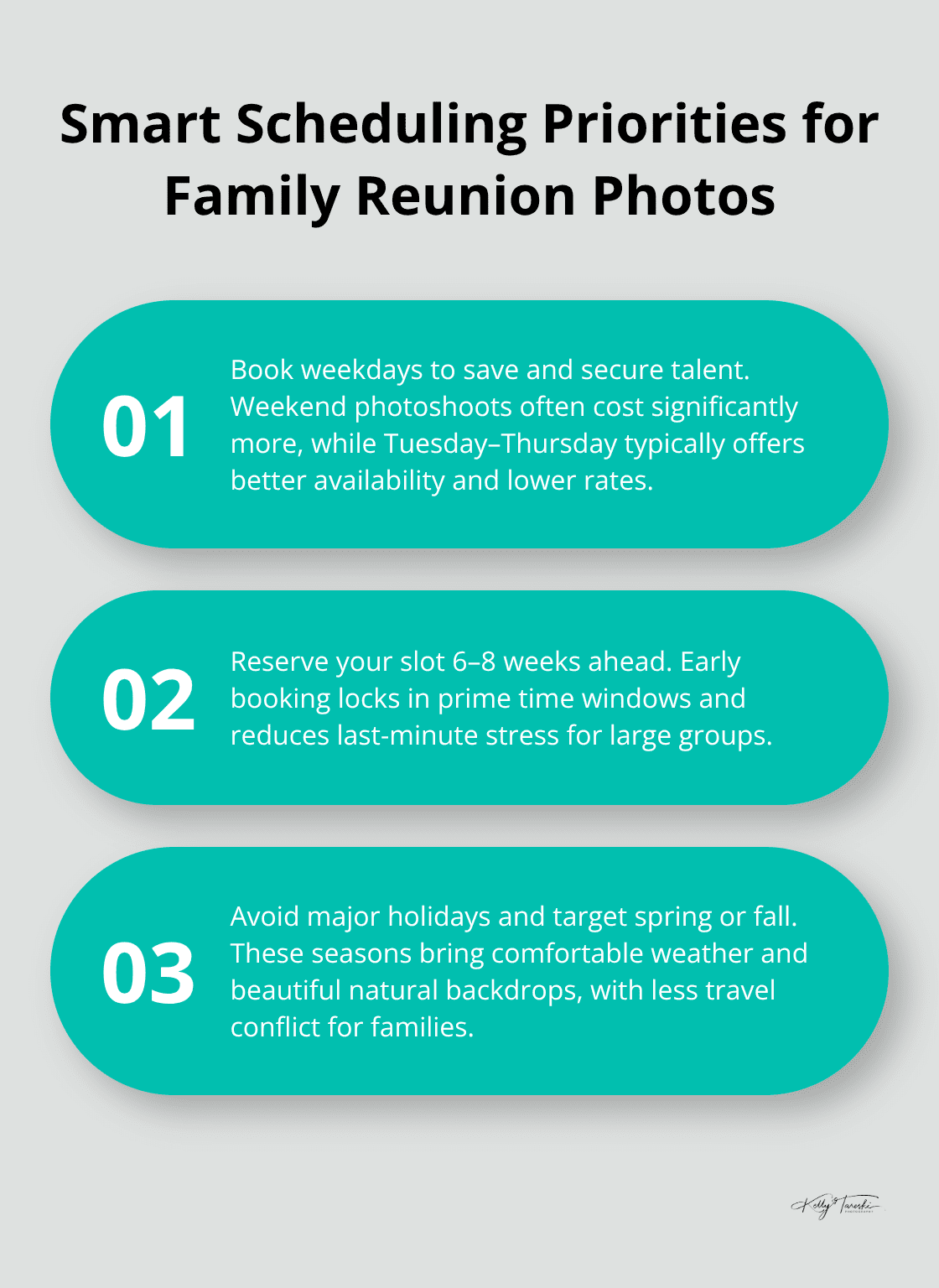 Three key scheduling tips to save money, secure availability, and get ideal conditions for family photos - Multi-generation photos