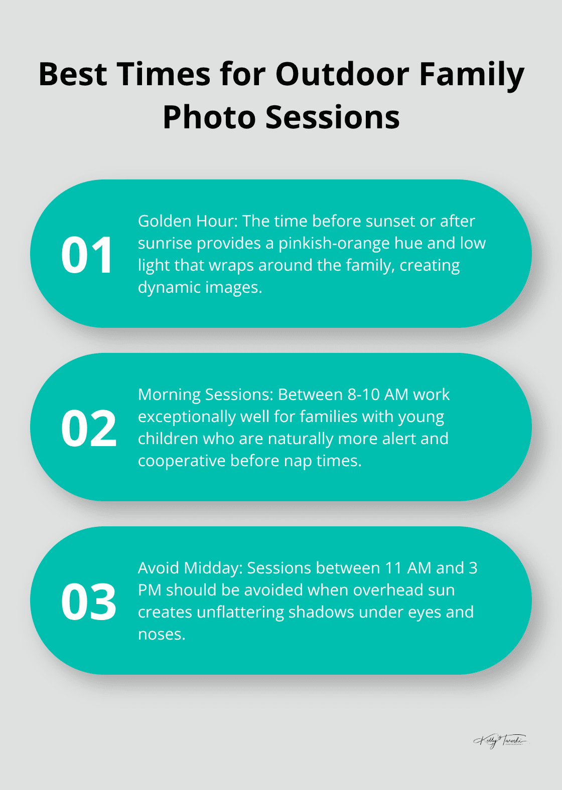 Ordered list chart showing the three best times for outdoor family photo sessions: golden hour, morning, and avoiding midday - outdoor family photo ideas