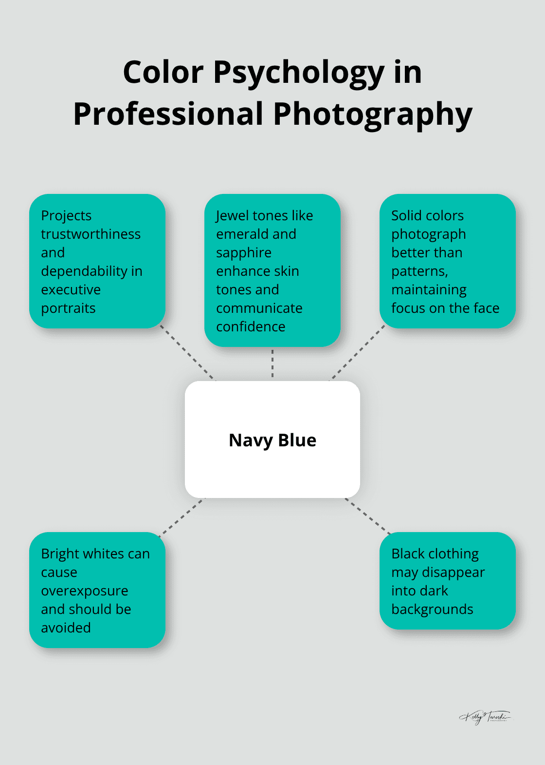 Hub and spoke chart showing the impact of different colors in professional photography, with navy blue as the central focus - Personal branding