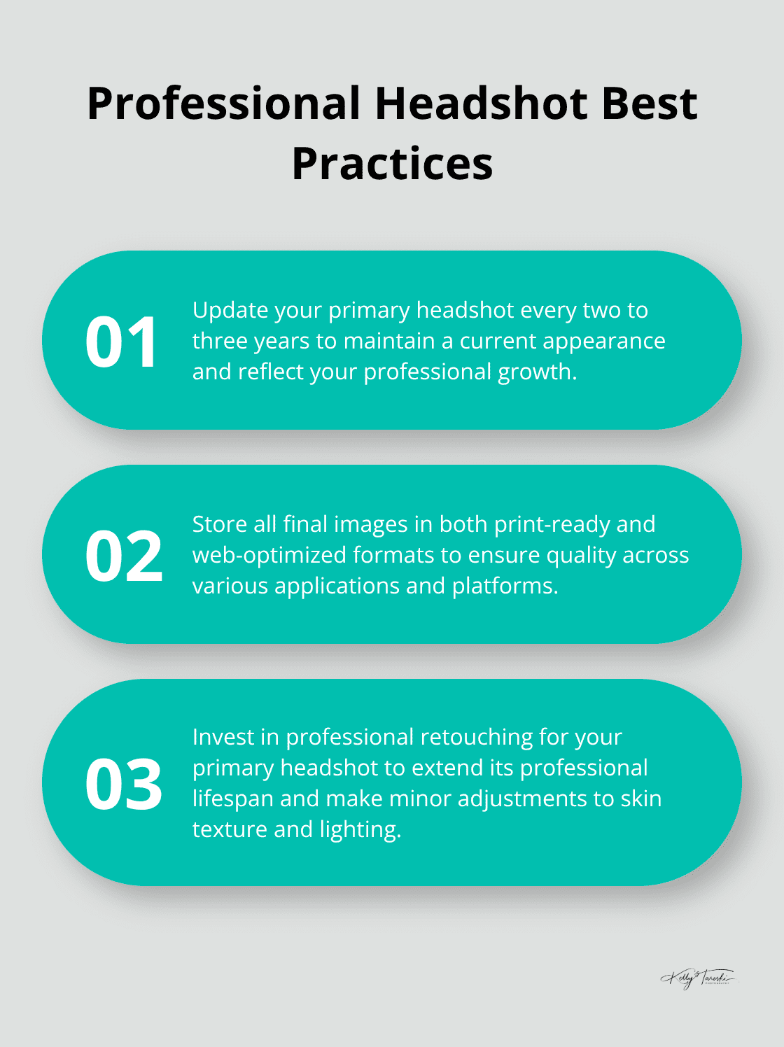 Ordered list chart showing three best practices for professional headshots, including updating frequency and image storage tips - Personal branding