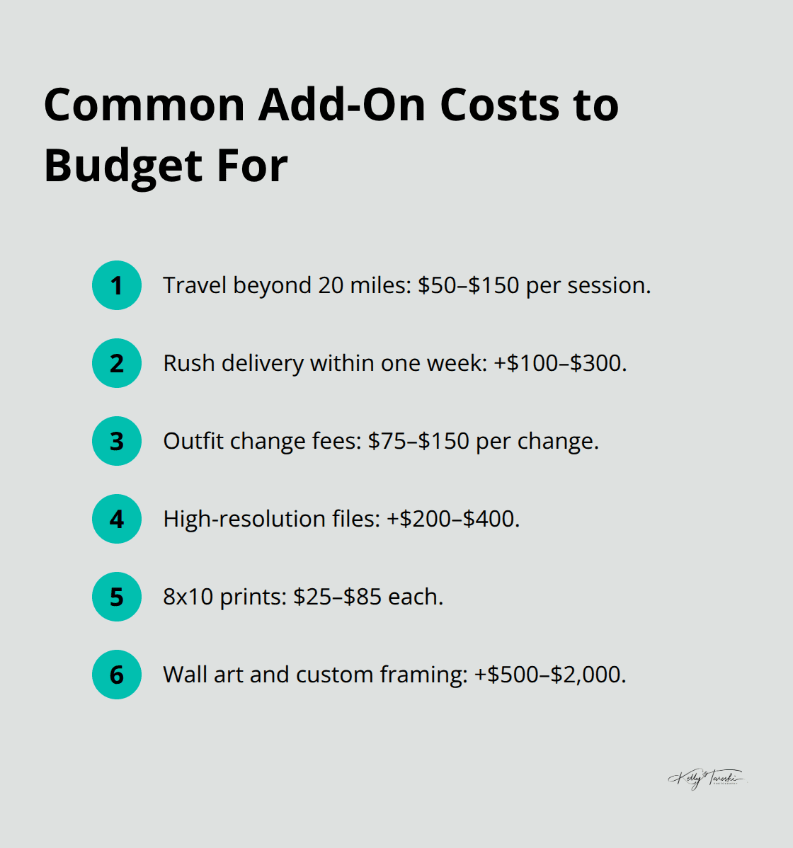 Ordered list summarizing typical add-on costs that impact total family photography investment - photo studio for family photos