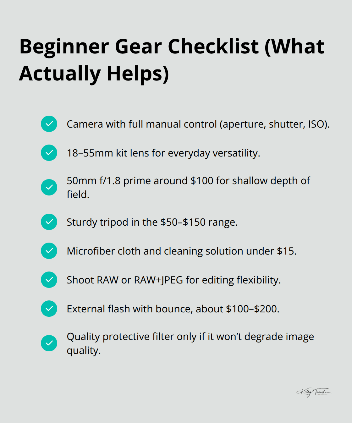 Practical starter gear items with typical U.S. price ranges - Photography education basics